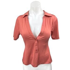 NEW L'Academie Orange Short Sleeve Henley Deep V Collared Polo Shirt Top Size S
